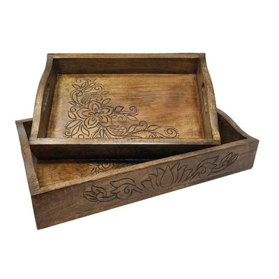 Floral Hand Carved Wood Serving Trays - Brazen Ranch