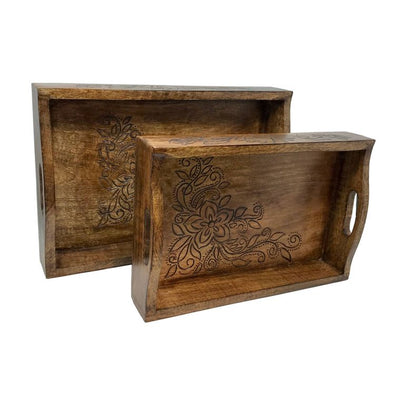 Floral Hand Carved Wood Serving Trays - Brazen Ranch