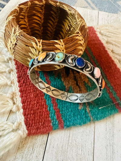 Navajo Multi Stone & Sterling Silver Bangle Bracelet Signed Leroy James