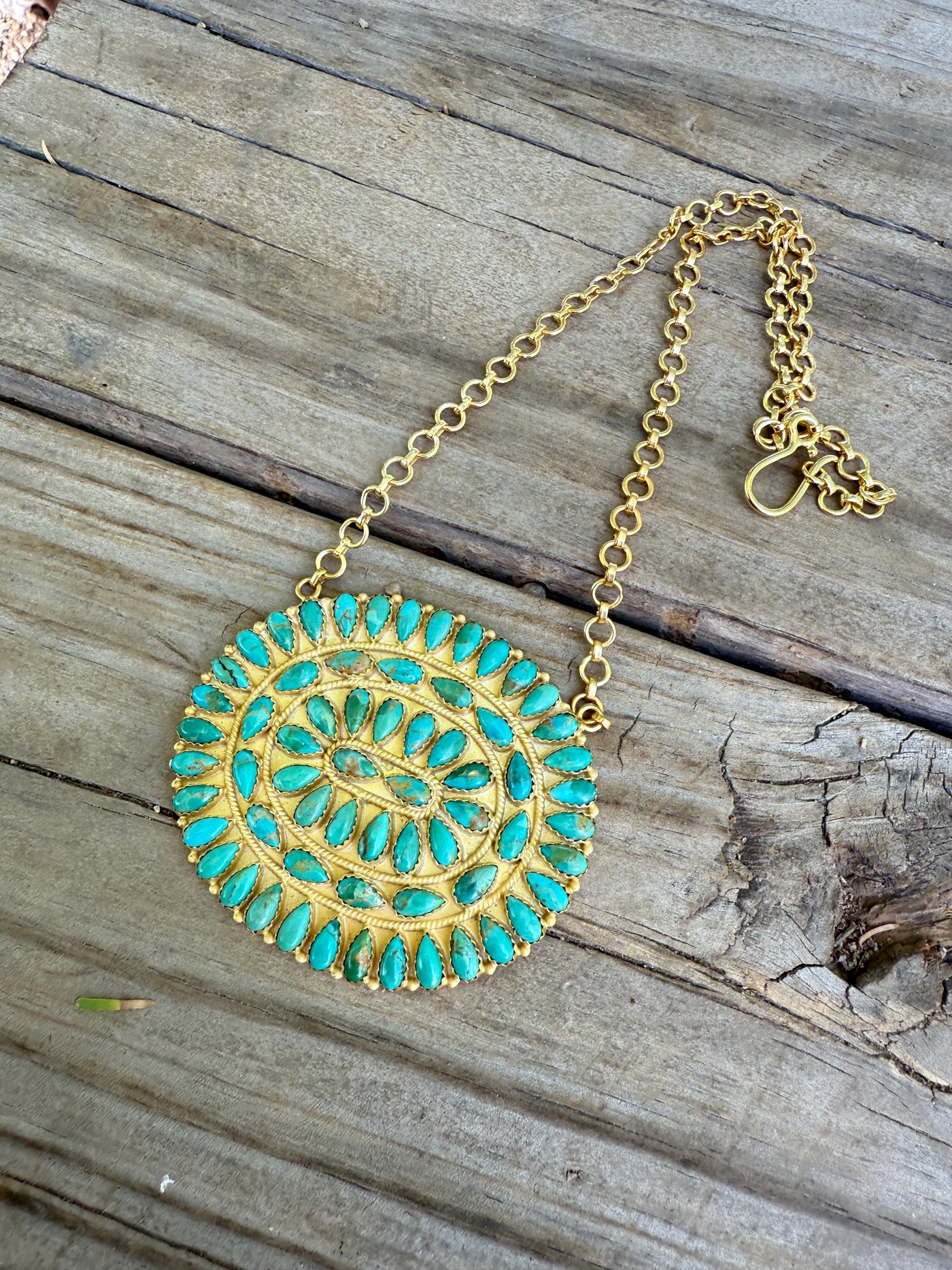 “The Golden Collection” Handmade Gold Plated Sterling Silver Kingman Turquoise Cluster Necklace