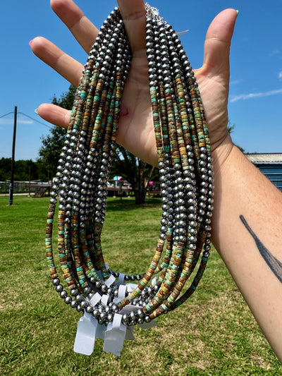 Sterling Silver Pearl & Green Heishi Turquoise Necklace – 19"