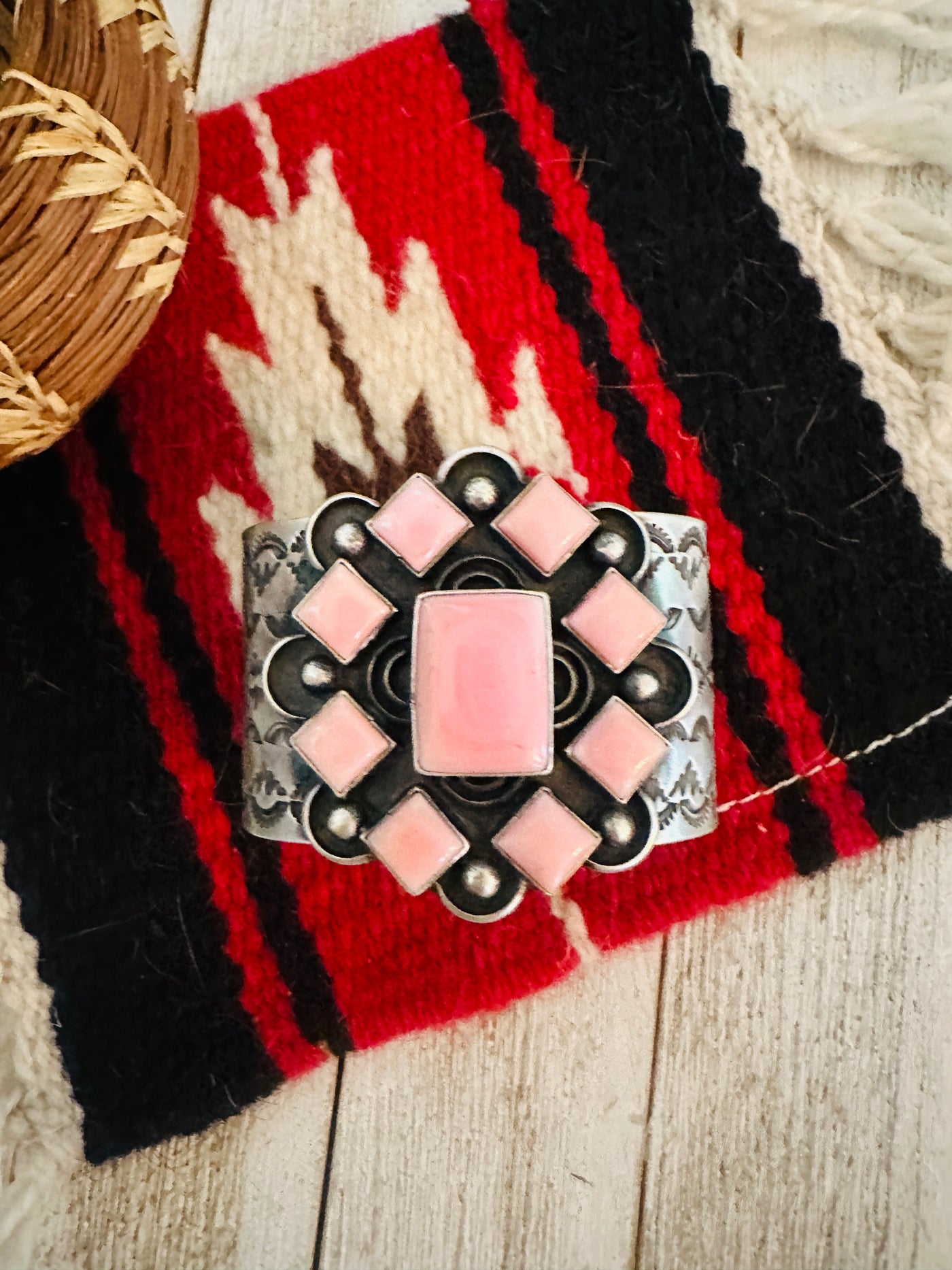 Handcrafted Queen Pink Conch Shell & Sterling Silver Cuff Bracelet by Chimney Butte