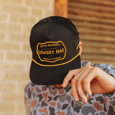“Cowboy Hat” Patch Rope Trucker Hat - Black