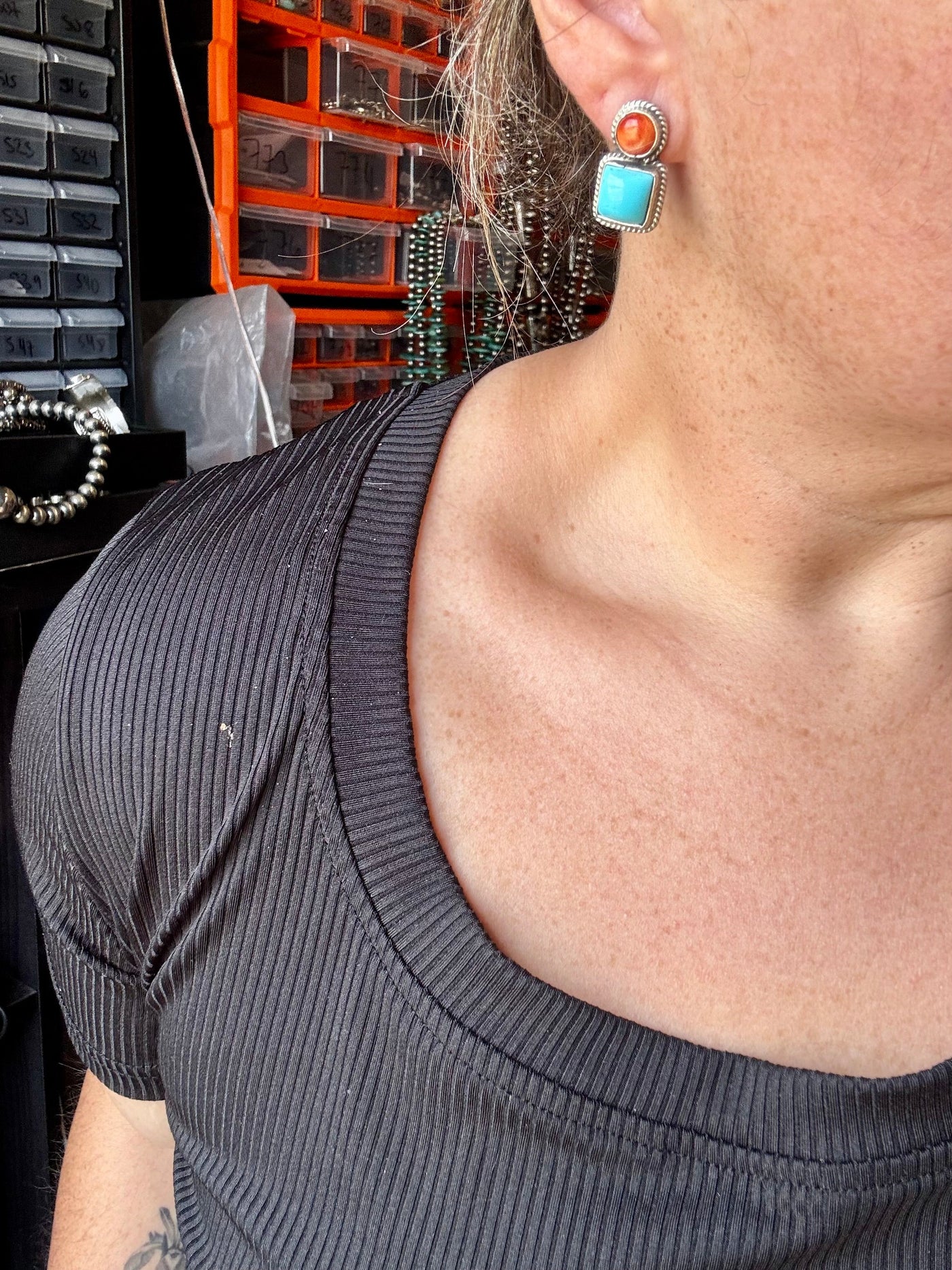Marcella James Kingman Turquoise & Spiny Oyster Stud Earrings – Sterling Silver, Native Made