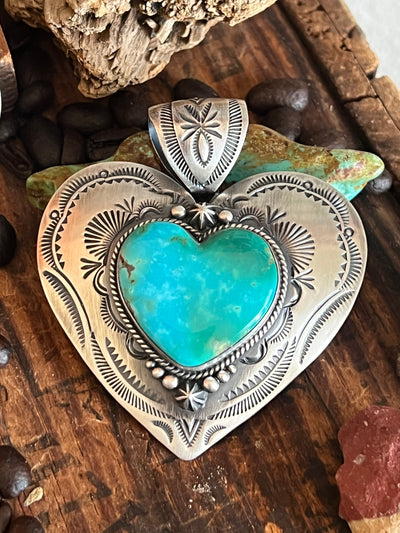 Hand Stamped Sterling Silver & Sonoran Mountain Turquoise Heart Pendant by Bernyse Chavez