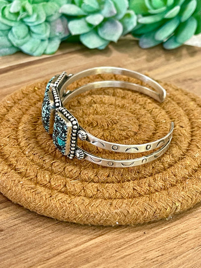 Handmade New Lander Turquoise & Sterling Silver Cuff Bracelet