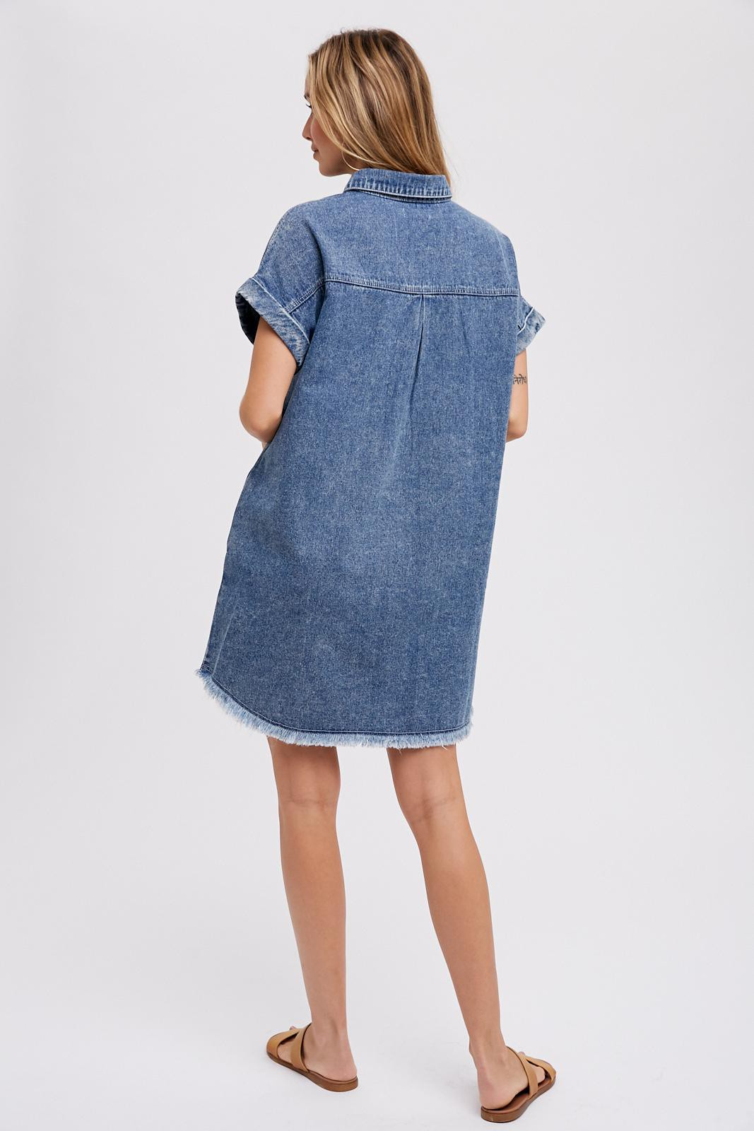 Frayed Hem Washed Denim Shirt Dress