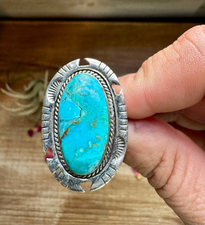 Oval Ring- Size 8- Kingman turquoise ring and sterling silver