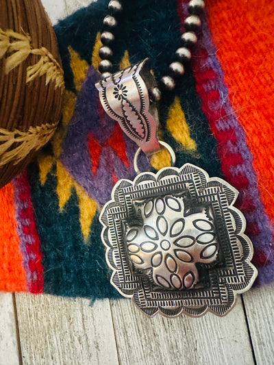 Handcrafted Sterling Silver Cross Concho Pendant by Leander Tahe