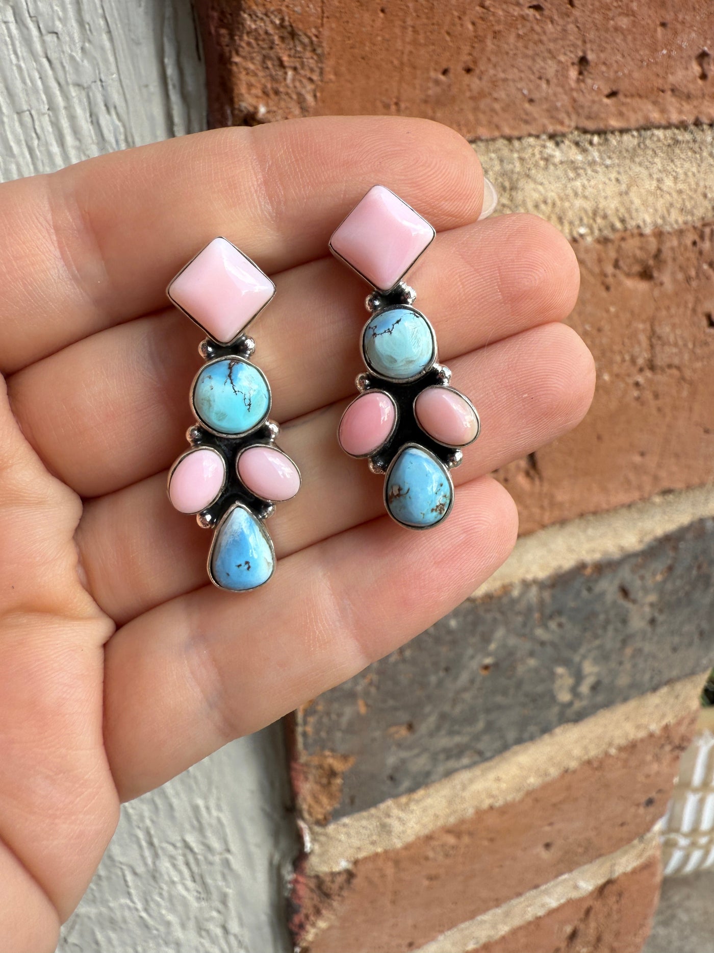 Handmade Natural Golden Hills Turquoise, Pink Conch and Sterling Silver Earring style 3