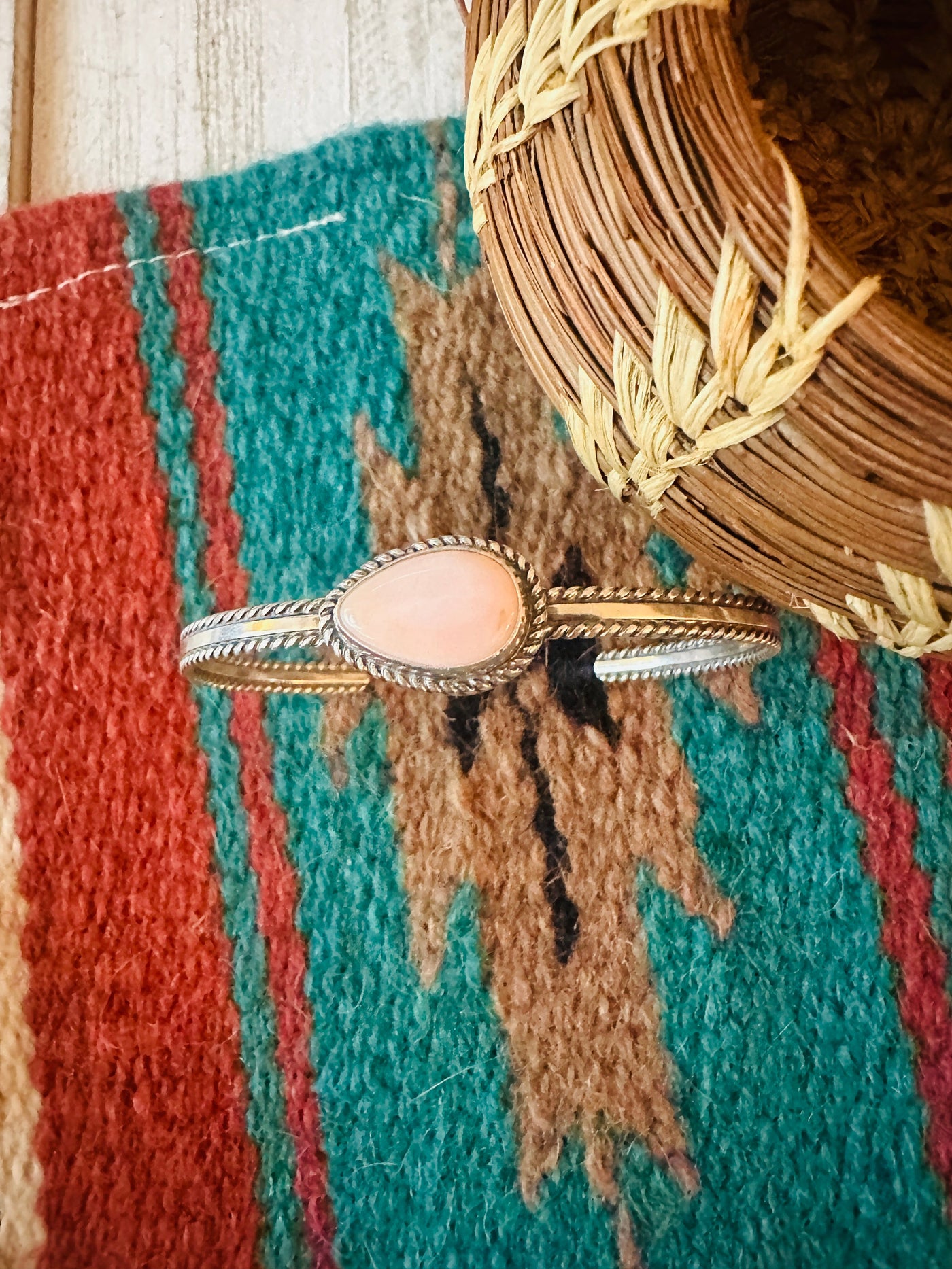 Handcrafted Queen Pink Conch Shell Tear Drop & Sterling Silver Cuff Bracelet