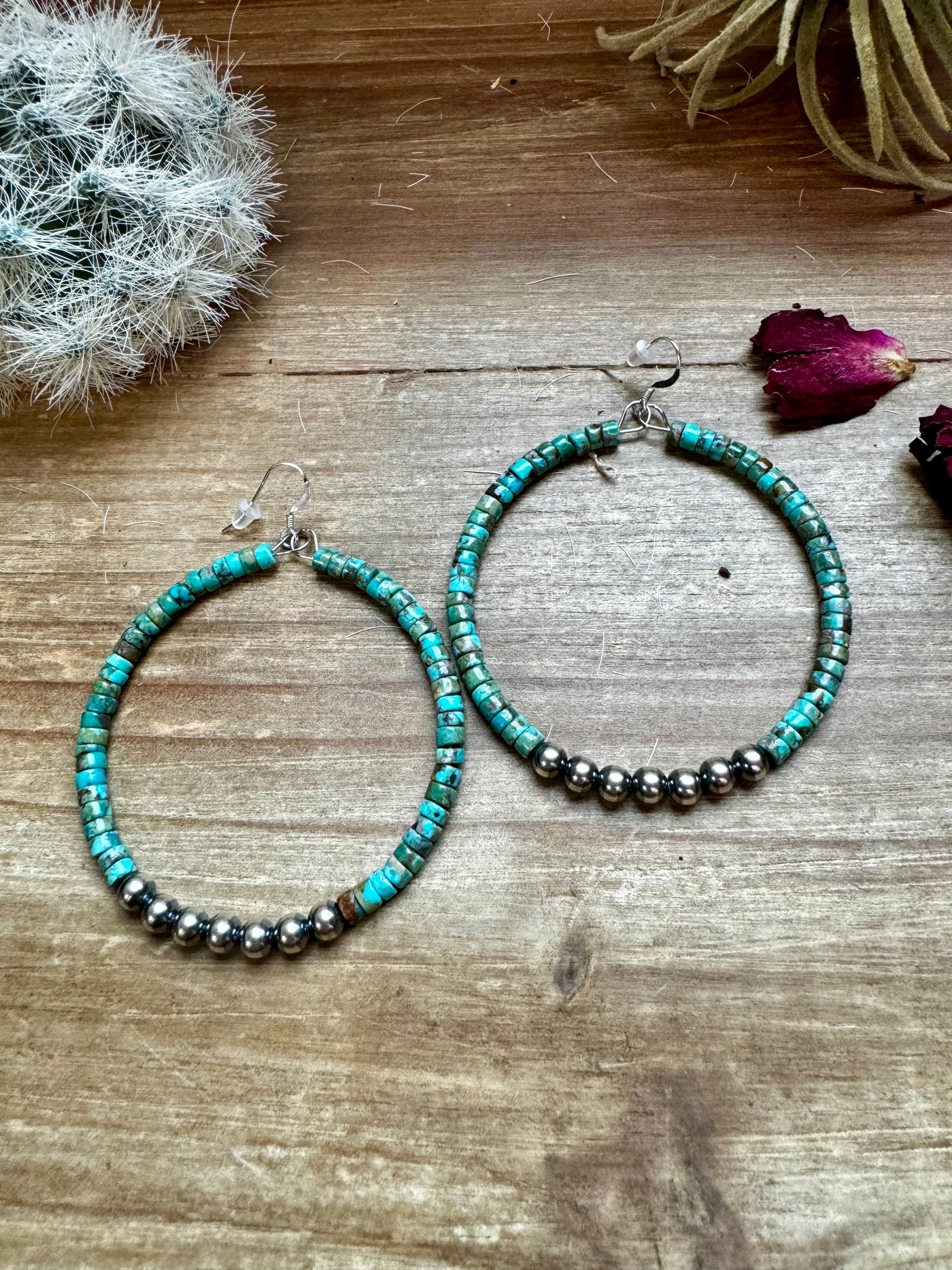 Big turquoise hoops earrings with sterling silver pearls