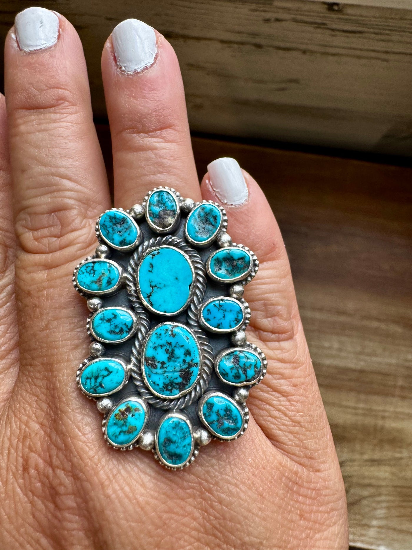 Long Ring- adjustable - Kingman turquoise ring and sterling silver