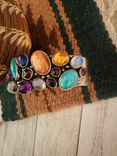 Navajo Old Pawn Vintage Multi Stone & Sterling Silver Cuff Bracelet