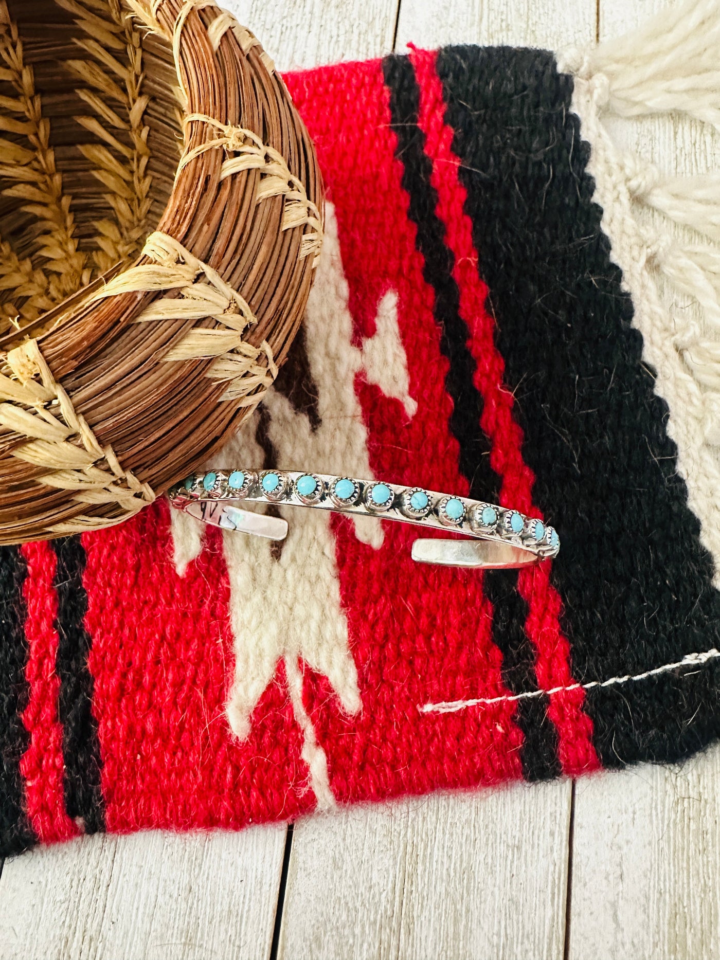 Handcrafted Petit Point Cluster Turquoise & Sterling Silver Cuff Bracelet