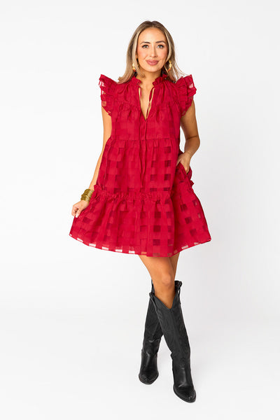 Aubrey Ruffle Shoulder Short Dress - Ruby