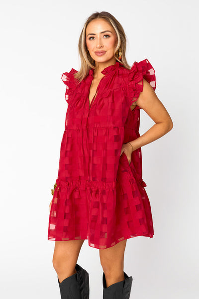 Aubrey Ruffle Shoulder Short Dress - Ruby