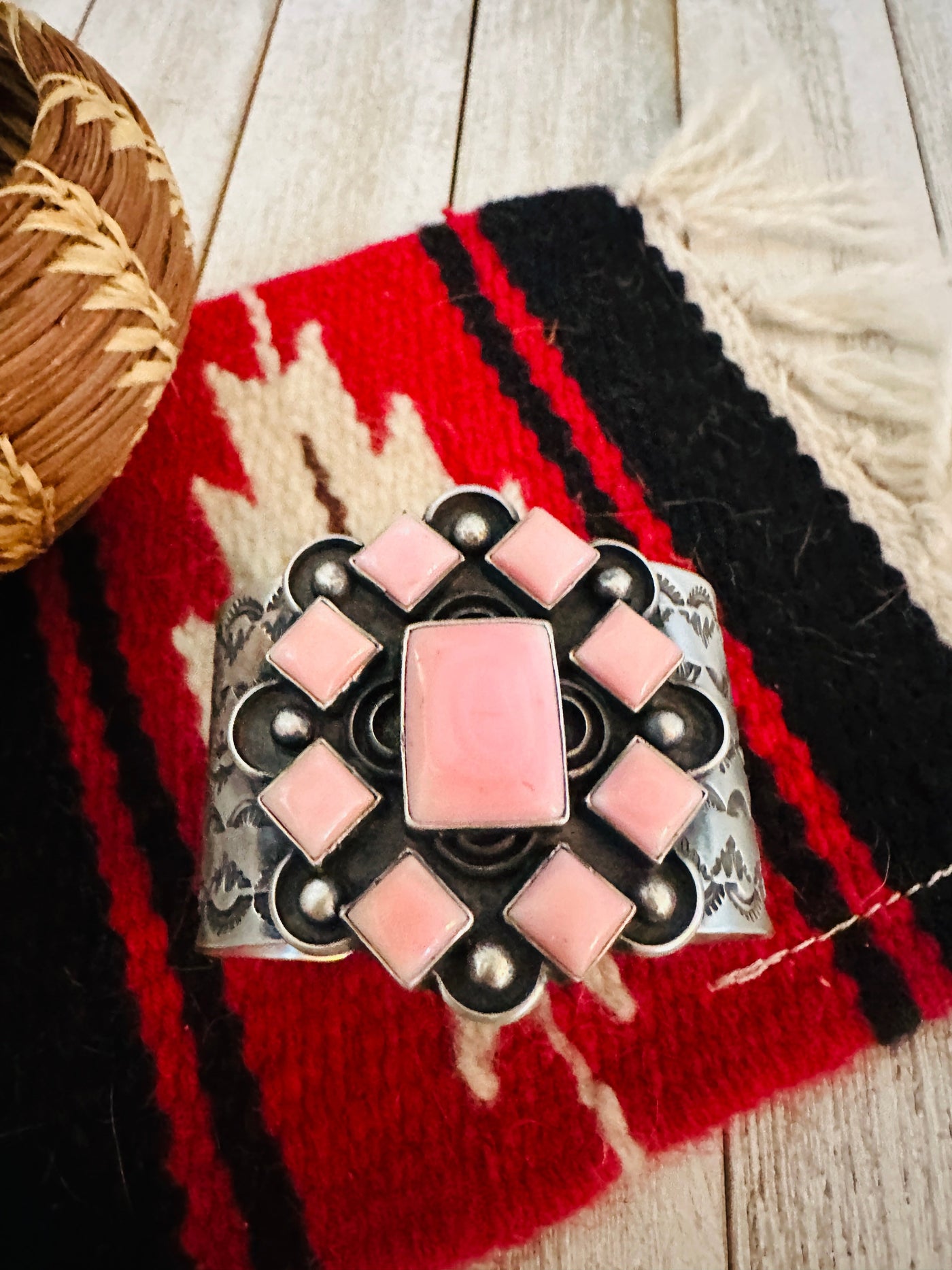 Handcrafted Queen Pink Conch Shell & Sterling Silver Cuff Bracelet by Chimney Butte