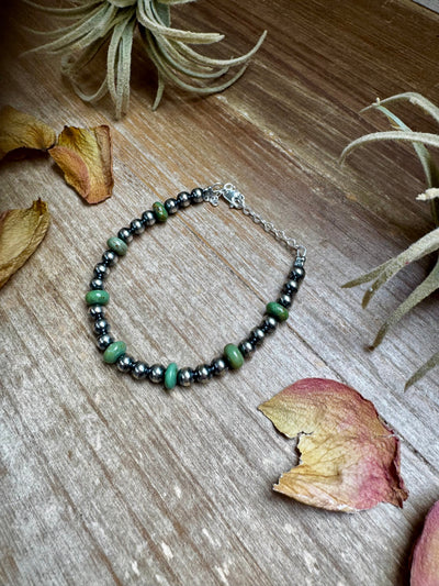 Sterling Silver Pearls with Green Turquoise Rondelles Bracelet