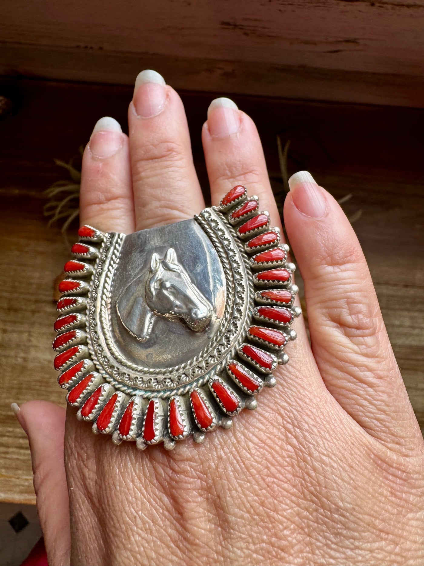 Navajo Coral Horse Ring – Adjustable Sterling Silver by Donovan Wilson
