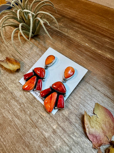 Spiny Oyster & Orange Cluster Earrings – Dangle with Stud Post