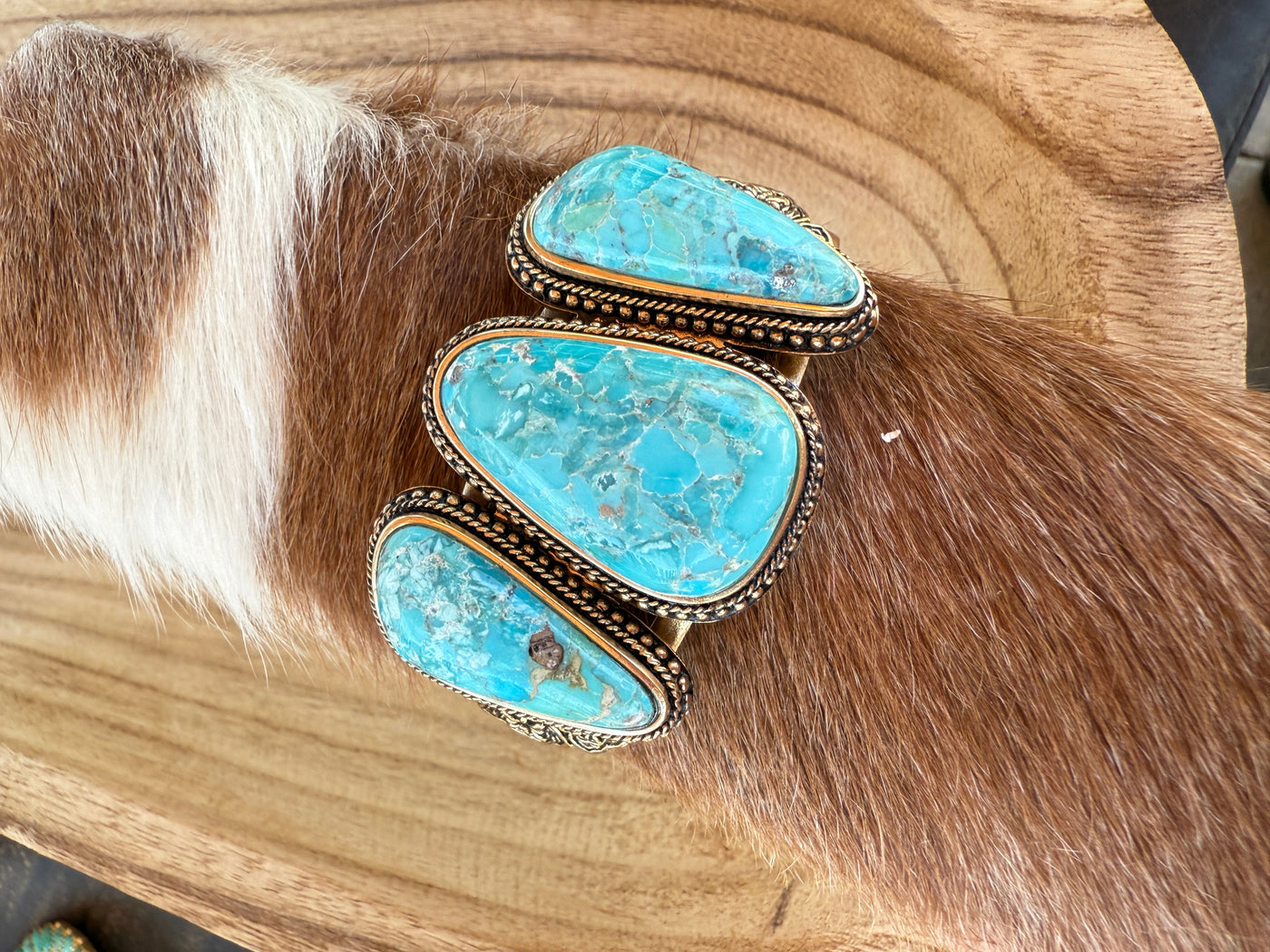 “The Golden Collection” 3 Stone Statement Cuff Handmade Natural Turquoise Gold Plated Adjustable Bracelet Cuff