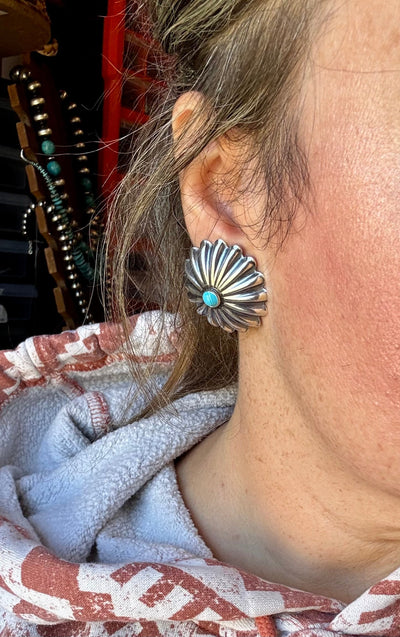 Large Sterling Silver Concho Earrings with Kingman Turquoise – Made in the USA