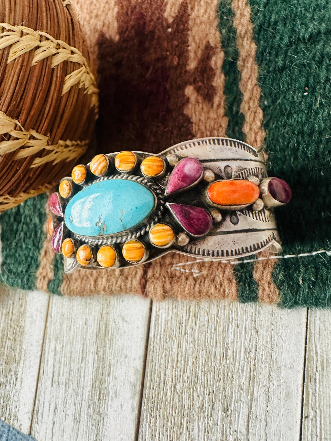 Handcrafted Old Pawn Turquoise, Spiny & Sterling Silver Cuff Bracelet /