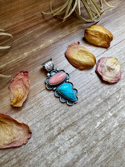 Pink Conch & Turquoise Pendant – Sterling Silver