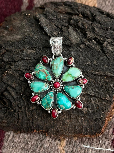 Handmade Sterling Silver Dahlia Rose with Emerald Valley Turquoise Pendant "Signed Nizhoni"