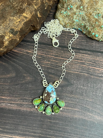 Handmade Sterling Silver Golden Hill with Kingman Turquoise Necklace with Signed Nizhoni