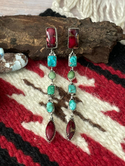 Handmade Sterling Silver Dahlia Rose with Emerald Valley Turquoise Post Earrings "Signed Nizhoni"