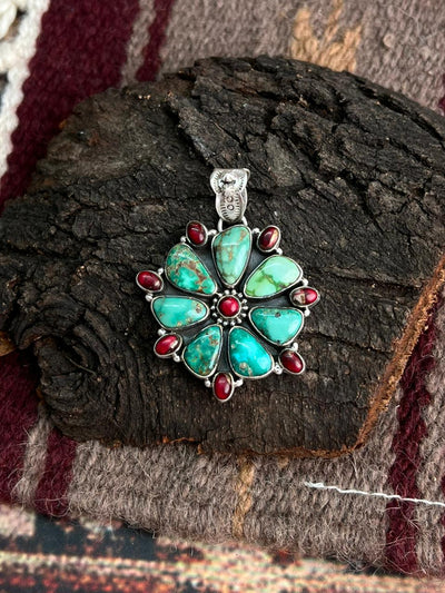 Handmade Sterling Silver Dahlia Rose with Emerald Valley Turquoise Pendant "Signed Nizhoni"
