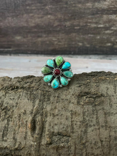 Handmade Sterling Silver Dahlia Rose With Emerald Valley Turquoise Ring "Signed Nizhoni"