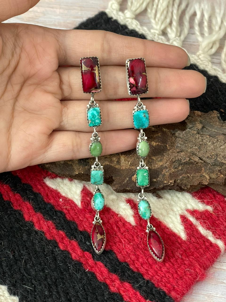 Handmade Sterling Silver Dahlia Rose with Emerald Valley Turquoise Post Earrings "Signed Nizhoni"