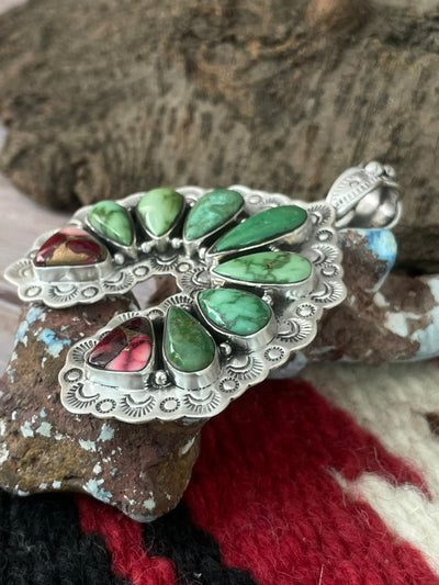 Handmade Sterling Silver Dahlia Rose with Emerald Valley Turquoise Pendant "Signed Nizhoni"