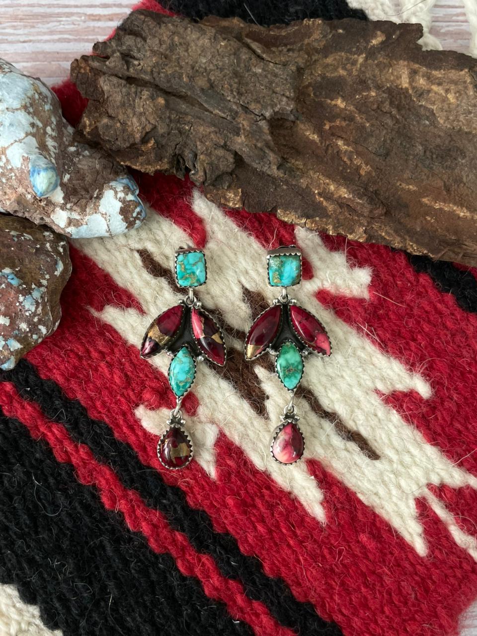 Handmade Sterling Silver Dahlia Rose with Emerald Valley Turquoise Post Earrings "Signed Nizhoni"