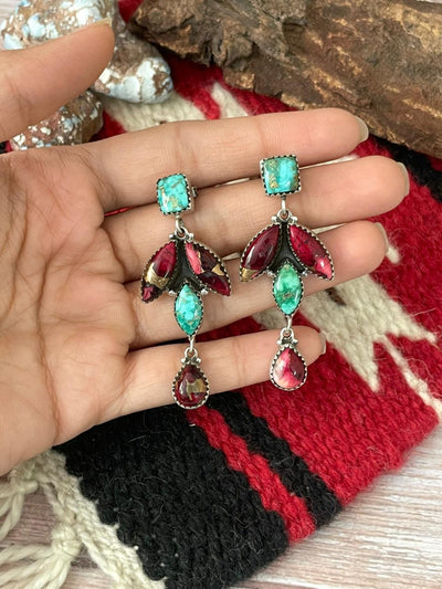 Handmade Sterling Silver Dahlia Rose with Emerald Valley Turquoise Post Earrings "Signed Nizhoni"