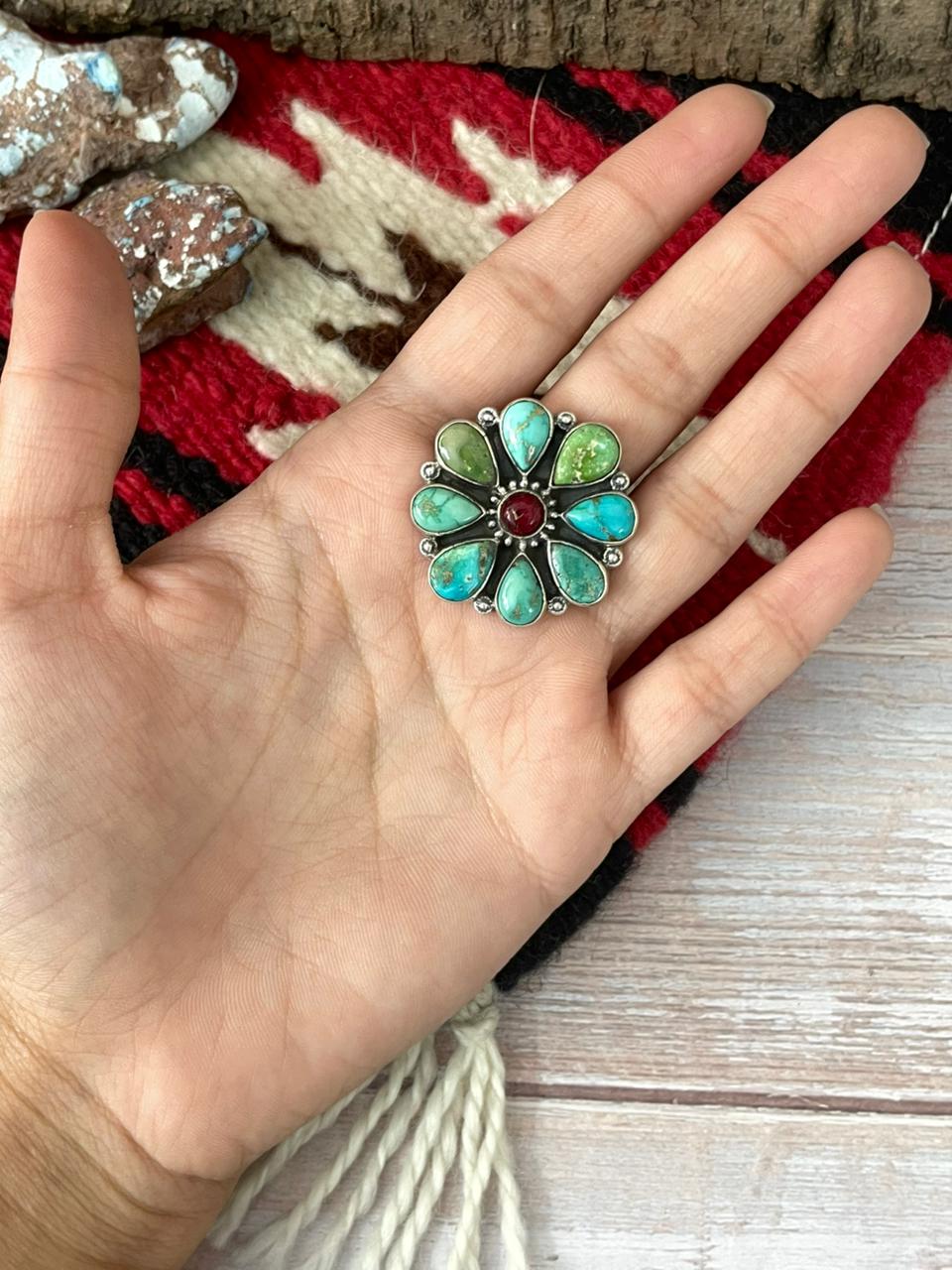 Handmade Sterling Silver Dahlia Rose With Emerald Valley Turquoise Ring "Signed Nizhoni"