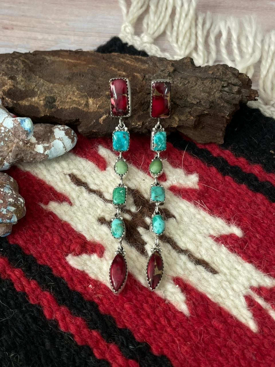Handmade Sterling Silver Dahlia Rose with Emerald Valley Turquoise Post Earrings "Signed Nizhoni"