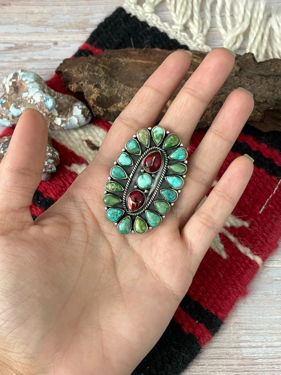 Handmade Sterling Silver Dahlia Rose With Emerald Valley Turquoise Ring "Signed Nizhoni"