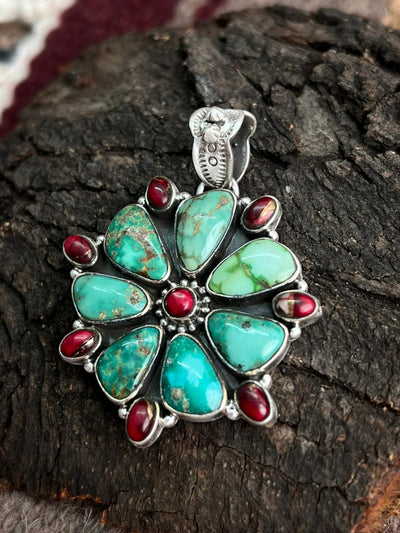 Handmade Sterling Silver Dahlia Rose with Emerald Valley Turquoise Pendant "Signed Nizhoni"