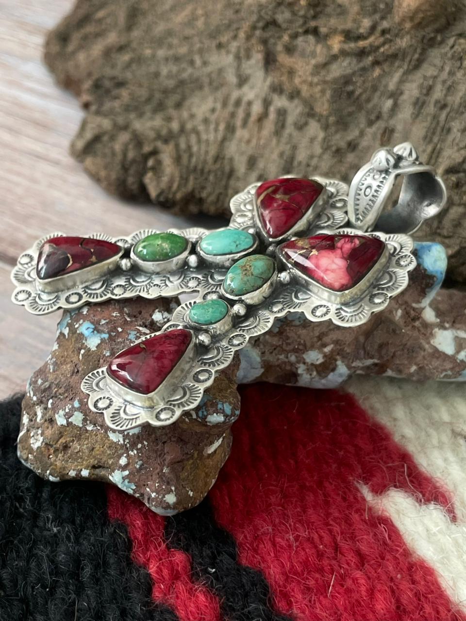 Handmade Sterling Silver Dahlia Rose with Emerald Valley Turquoise Pendant "Signed Nizhoni"