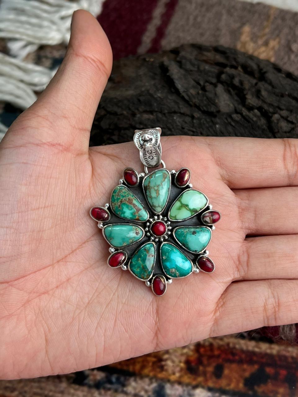 Handmade Sterling Silver Dahlia Rose with Emerald Valley Turquoise Pendant "Signed Nizhoni"