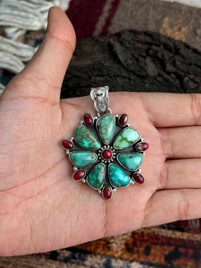 Handmade Sterling Silver Dahlia Rose with Emerald Valley Turquoise Pendant "Signed Nizhoni"