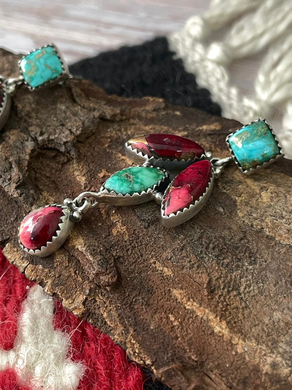 Handmade Sterling Silver Dahlia Rose with Emerald Valley Turquoise Post Earrings "Signed Nizhoni"