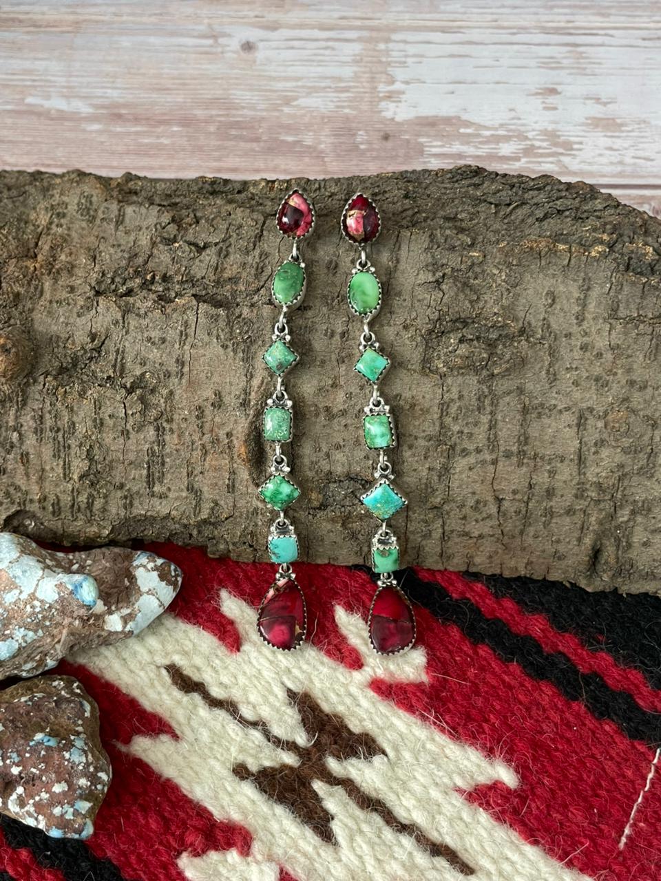 Handmade Sterling Silver Dahlia Rose with Emerald Valley Turquoise Post Earrings "Signed Nizhoni"