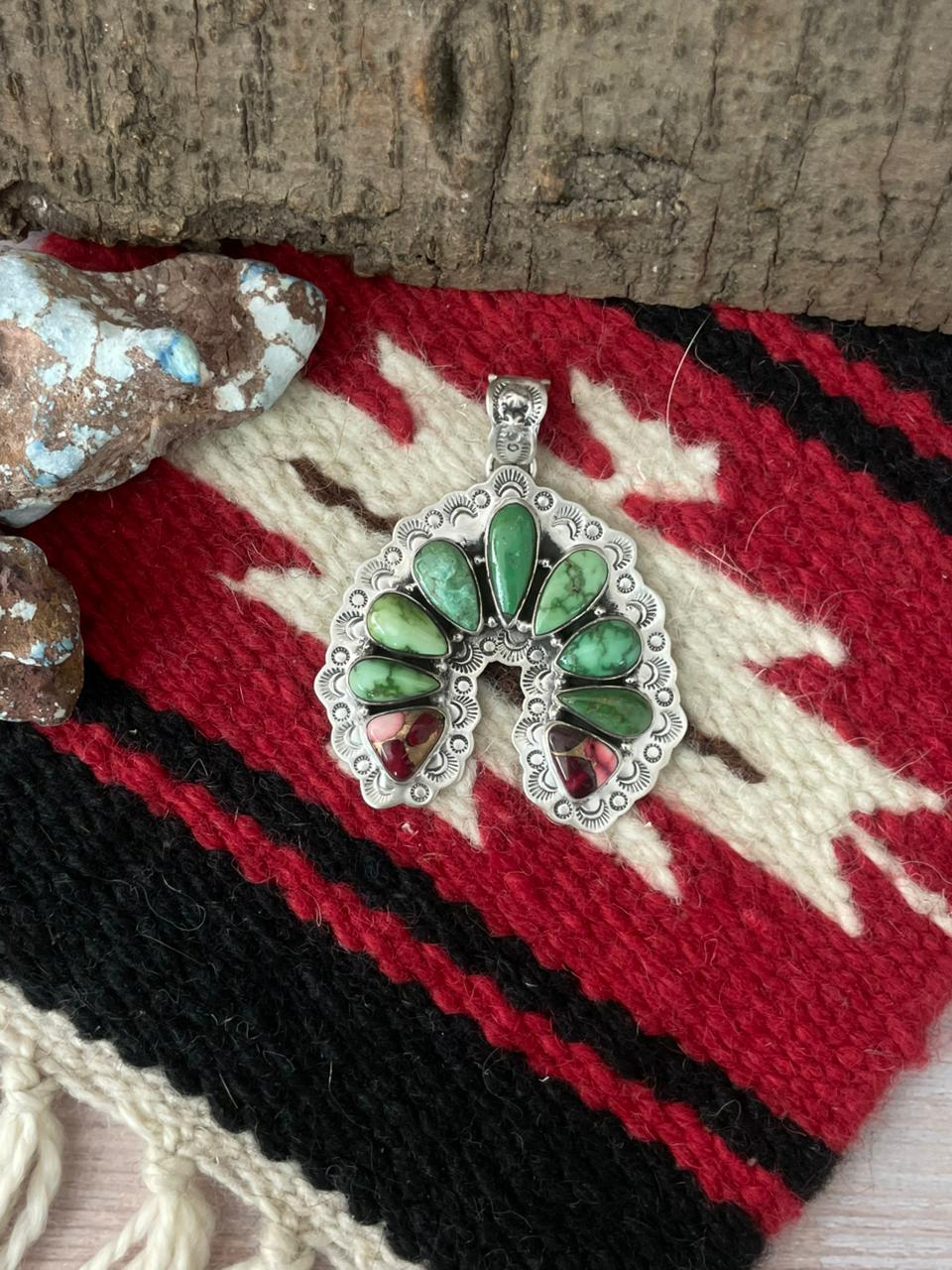 Handmade Sterling Silver Dahlia Rose with Emerald Valley Turquoise Pendant "Signed Nizhoni"