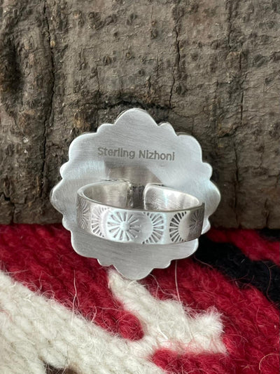 Handmade Sterling Silver Dahlia Rose With Emerald Valley Turquoise Ring "Signed Nizhoni"