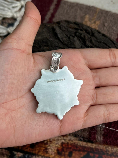 Handmade Sterling Silver Dahlia Rose with Emerald Valley Turquoise Pendant "Signed Nizhoni"